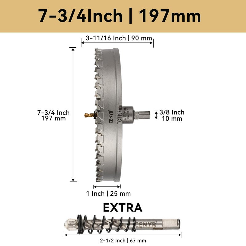 cenyb 7-3/4" (197mm) Tungsten Carbide Tipped Hole Saw with 2Pcs Titanium-Plated Pilot Drill Bits for Hard Metal,Stainless Steel,Iron,Aluminum Alloy,Wood and Plastic - Image 2